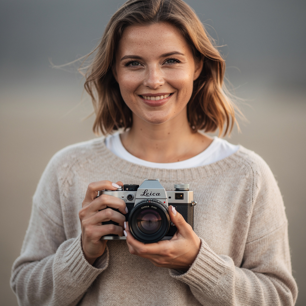 Danish female documentary photographer smiling and holding a camera